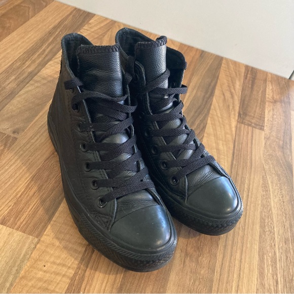 Converse Mono Black Leather Trainers Shoes High Top UK Size 3.5. - Picture 4 of 12